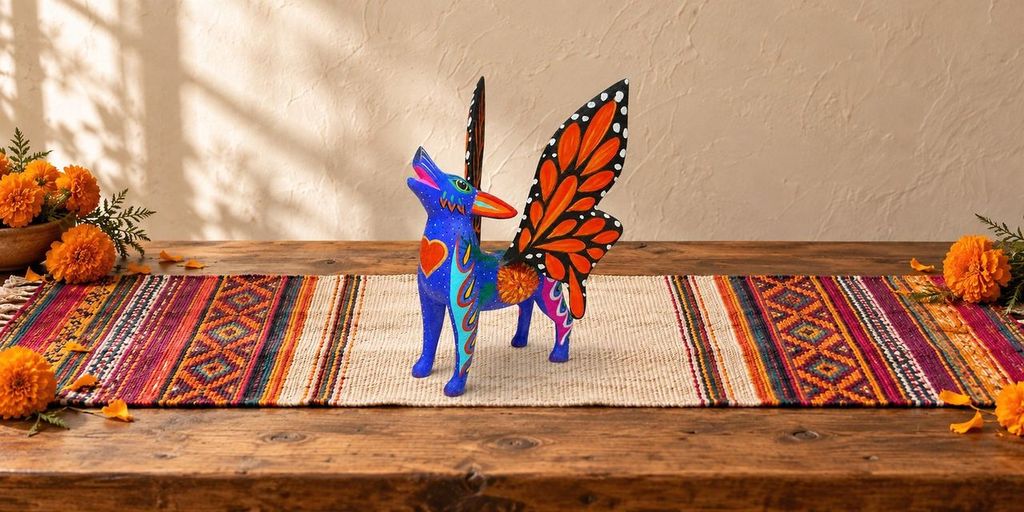 A hand-carved, hand-painted blue coyote Spirit Guide with monarch wings and a heart, standing on a woven table runner with marigolds.