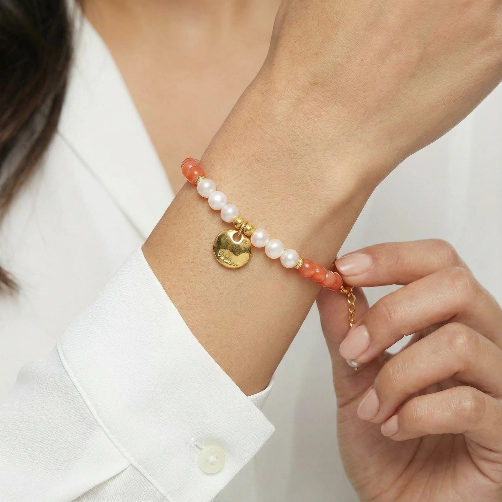 The Dusk Bracelet — Carnelian & Freshwater Pearl <span class="by">by Monarch & Marigold Co.</span>
