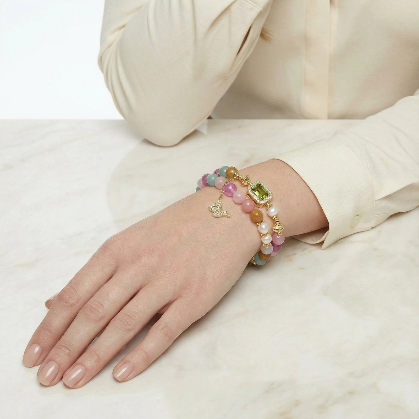 The Flutter Bracelet — Freshwater Pearl & Butterfly Charm Wrap <span class="by">by Monarch & Marigold Co.</span>
