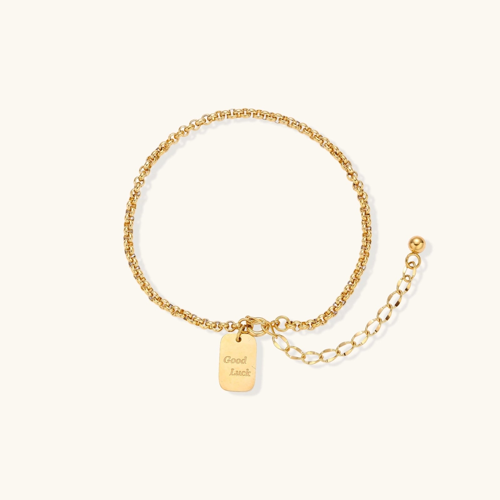 The Talisman Bracelet —
Engraved "Good Luck" Gold Charm
by Monarch & Marigold Co.