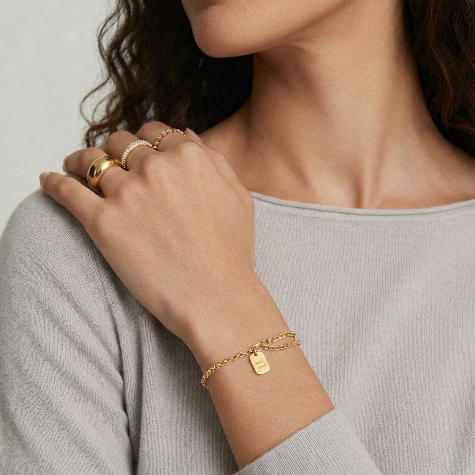 The Talisman Bracelet —
Engraved "Good Luck" Gold Charm
by Monarch & Marigold Co.