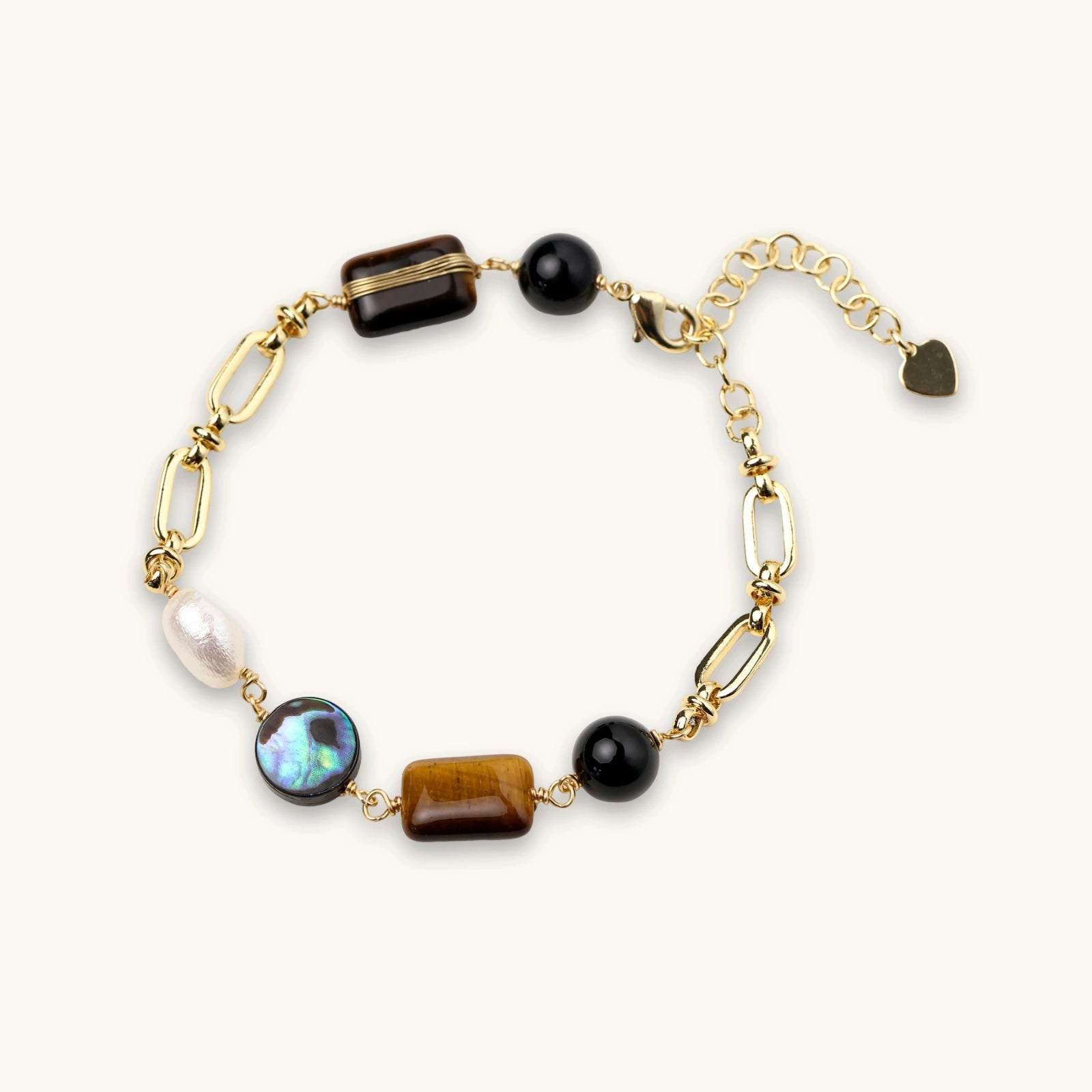 The Curio Bracelet — Tiger's Eye, Obsidian & Freshwater Pearl <span class="by">by Monarch & Marigold Co.</span>