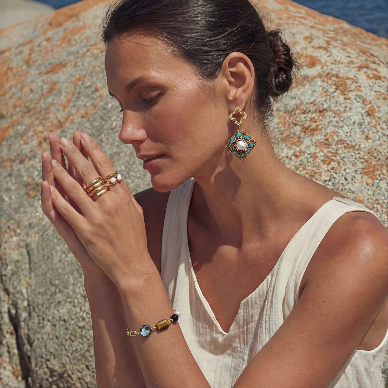 The Curio Bracelet — Tiger's Eye, Obsidian & Freshwater Pearl <span class="by">by Monarch & Marigold Co.</span>