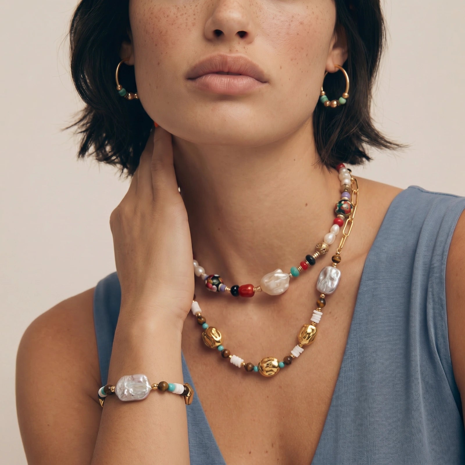 The Tideline Bracelet — Baroque Pearl, Turquoise & Tiger's Eye Bracelet <span class="by">by Monarch & Marigold Co.</span>.
