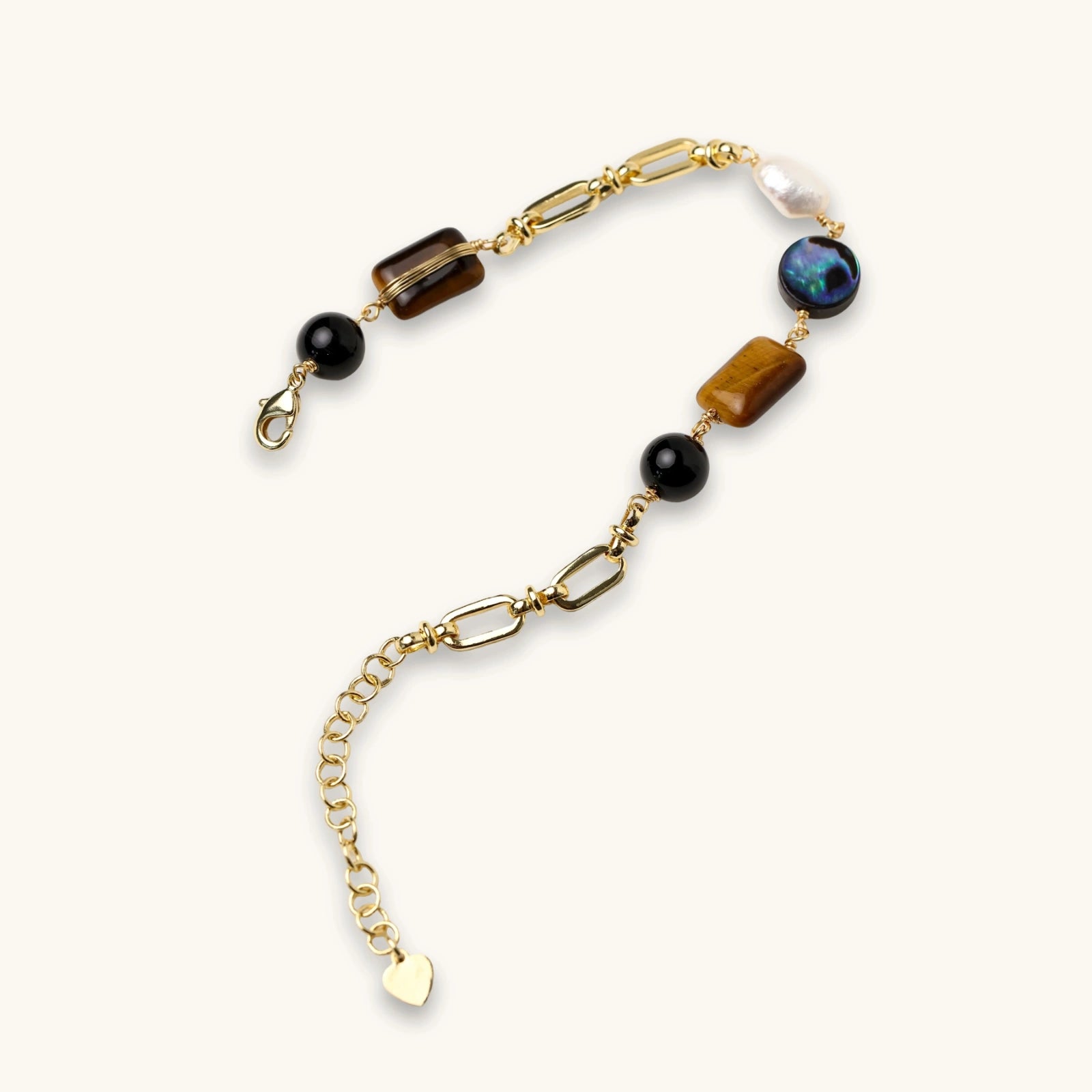 The Curio Bracelet — Tiger's Eye, Obsidian & Freshwater Pearl <span class="by">by Monarch & Marigold Co.</span>