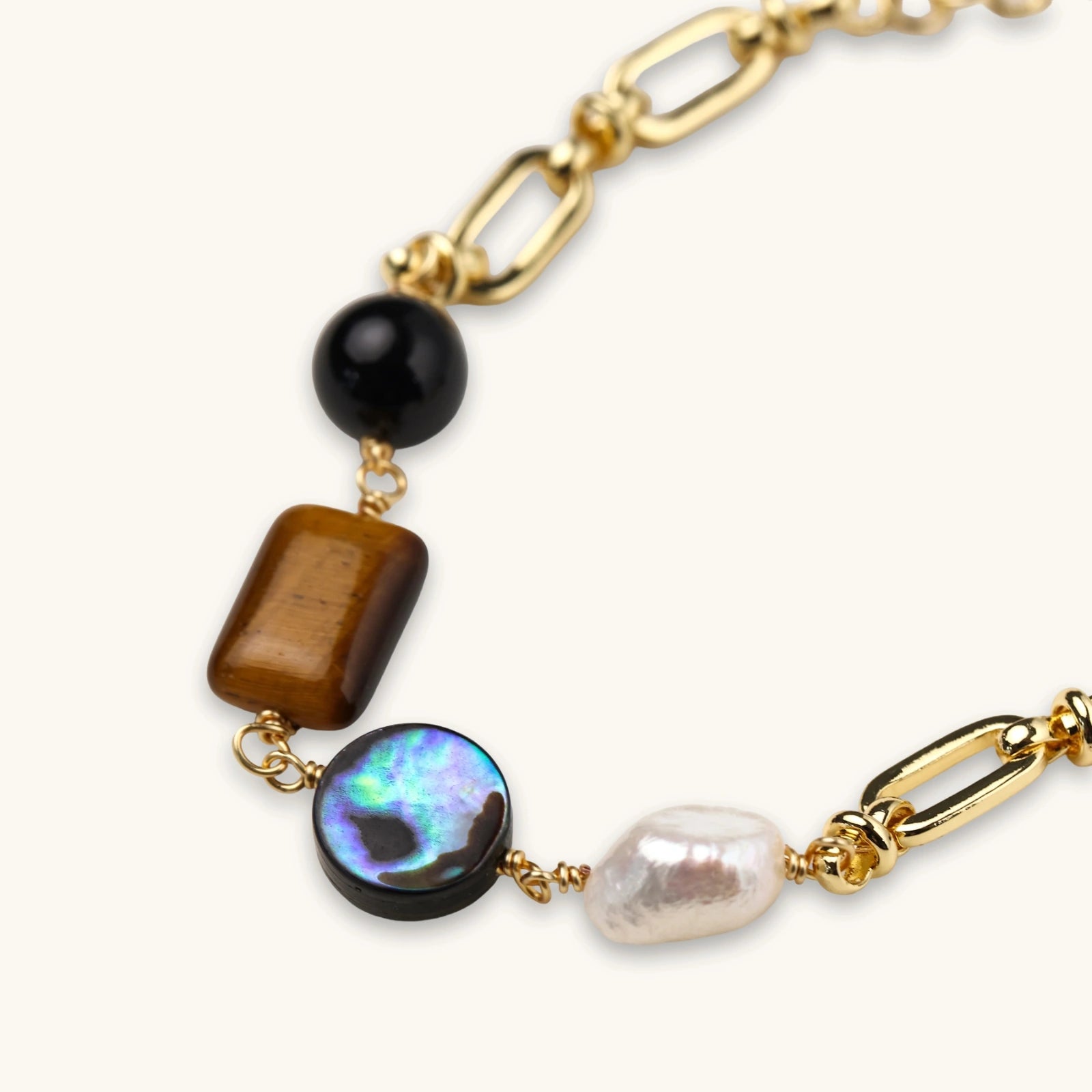 The Curio Bracelet — Tiger's Eye, Obsidian & Freshwater Pearl <span class="by">by Monarch & Marigold Co.</span>