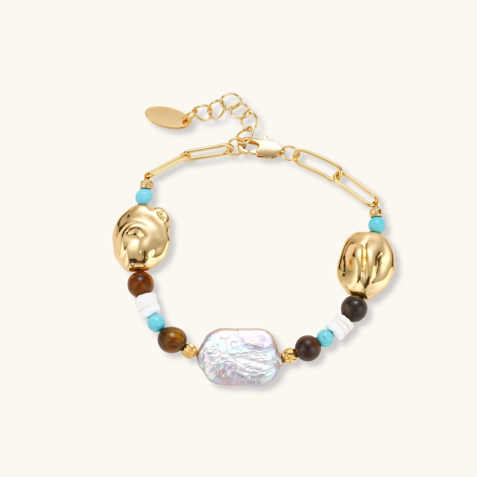 The Tideline Bracelet — Baroque Pearl, Turquoise & Tiger's Eye Bracelet <span class="by">by Monarch & Marigold Co.</span>.